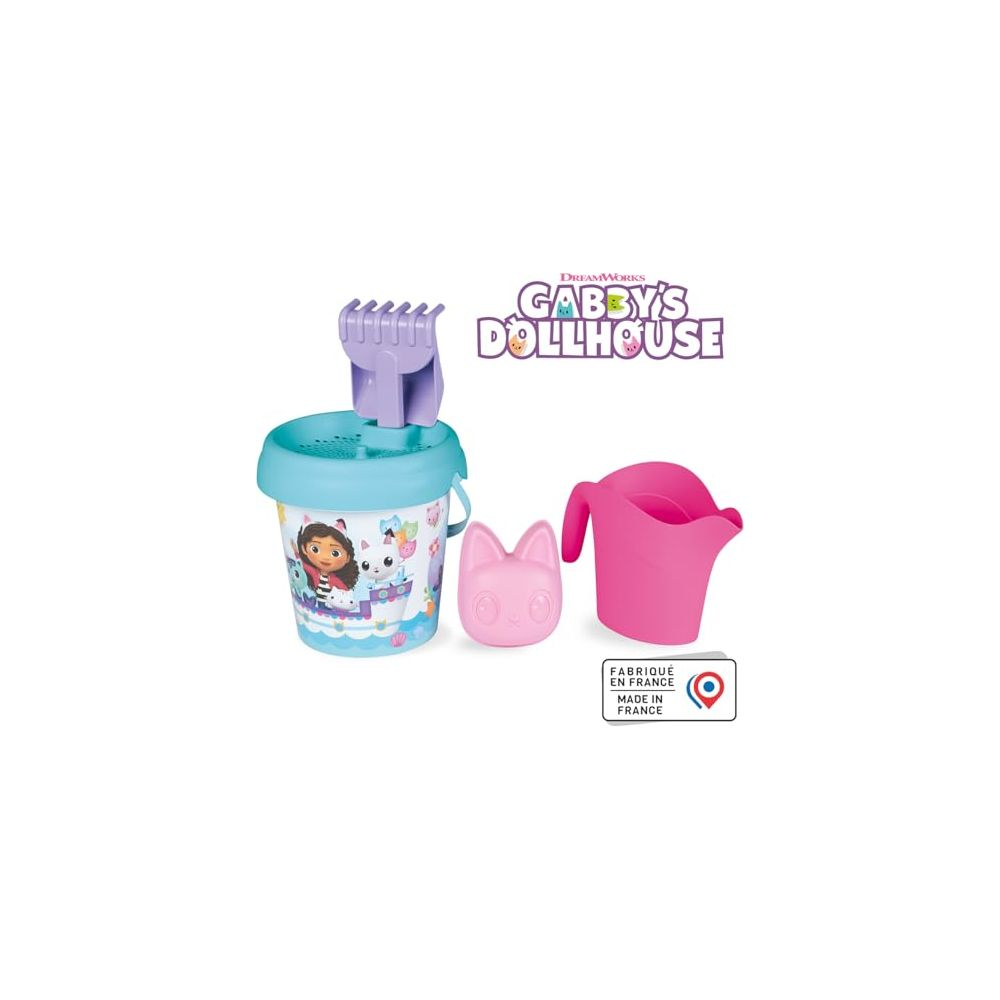 A Gabby's Dollhouse sand toy set with a bucket, shovel, watering can, and cat mold.