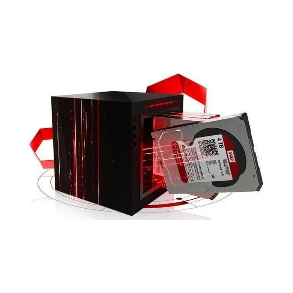 Een zwarte computerkast met rode lampjes en een 4TB harde schijf.