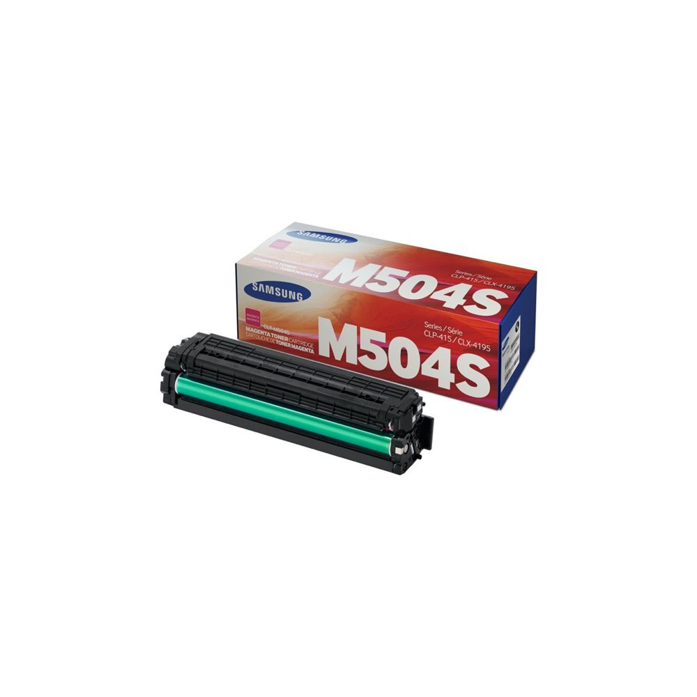 Cartuccia toner magenta Samsung M504S e scatola. Rullo verde visibile sulla cartuccia.