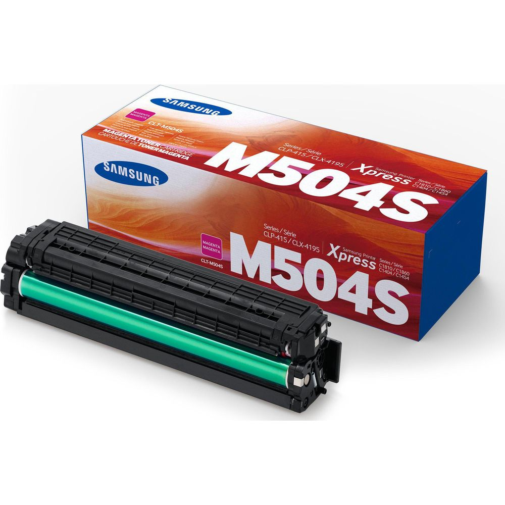 Cartuccia toner magenta Samsung e confezione in focus.