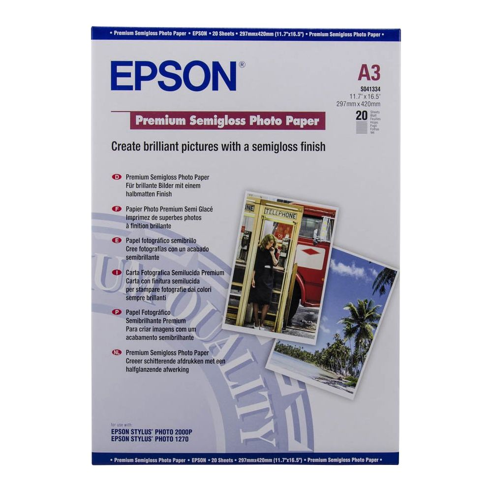 Opakowanie papieru fotograficznego Epson A3 Premium Semigloss z obrazami.