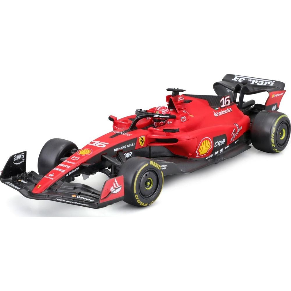 Ein roter Formel-1-Ferrari mit der Startnummer 16 und Sponsorenlogos.