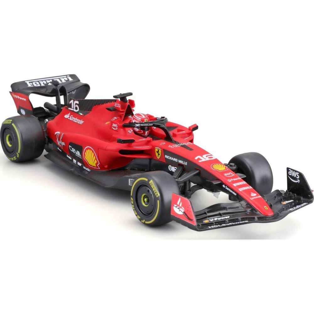 Ein roter Ferrari Formel-1-Wagen mit der Nummer 16 auf weißem Hintergrund.
