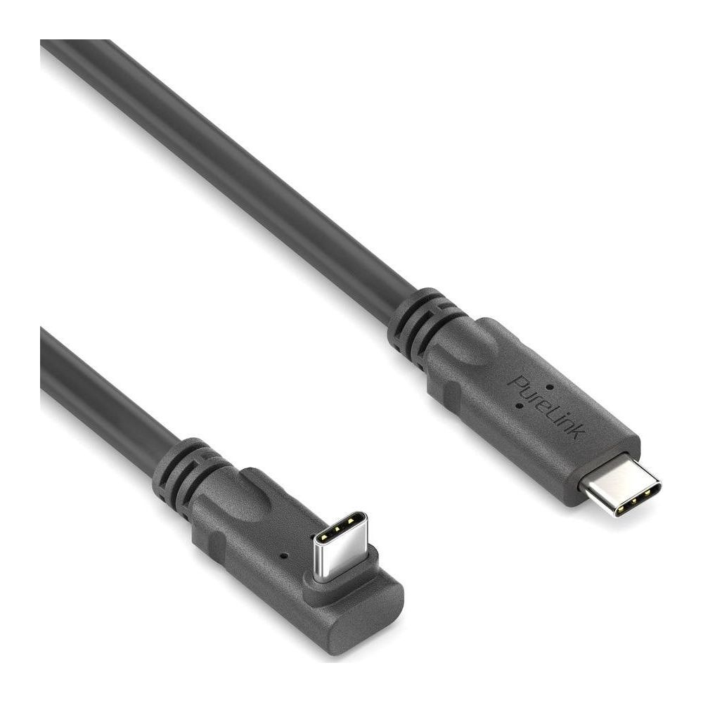Un cavo USB-C nero con due connettori angolati su sfondo bianco.