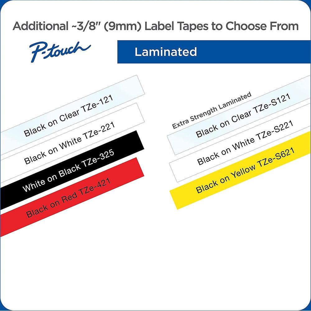 P-Touch laminierte Etiketten: Schwarz auf Klar, Weiß, Schwarz, Rot, und mit extra Stärke.