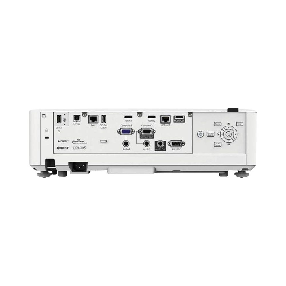 Vue arrière d'un projecteur blanc avec ports : HDMI, USB, LAN et RS-232C.