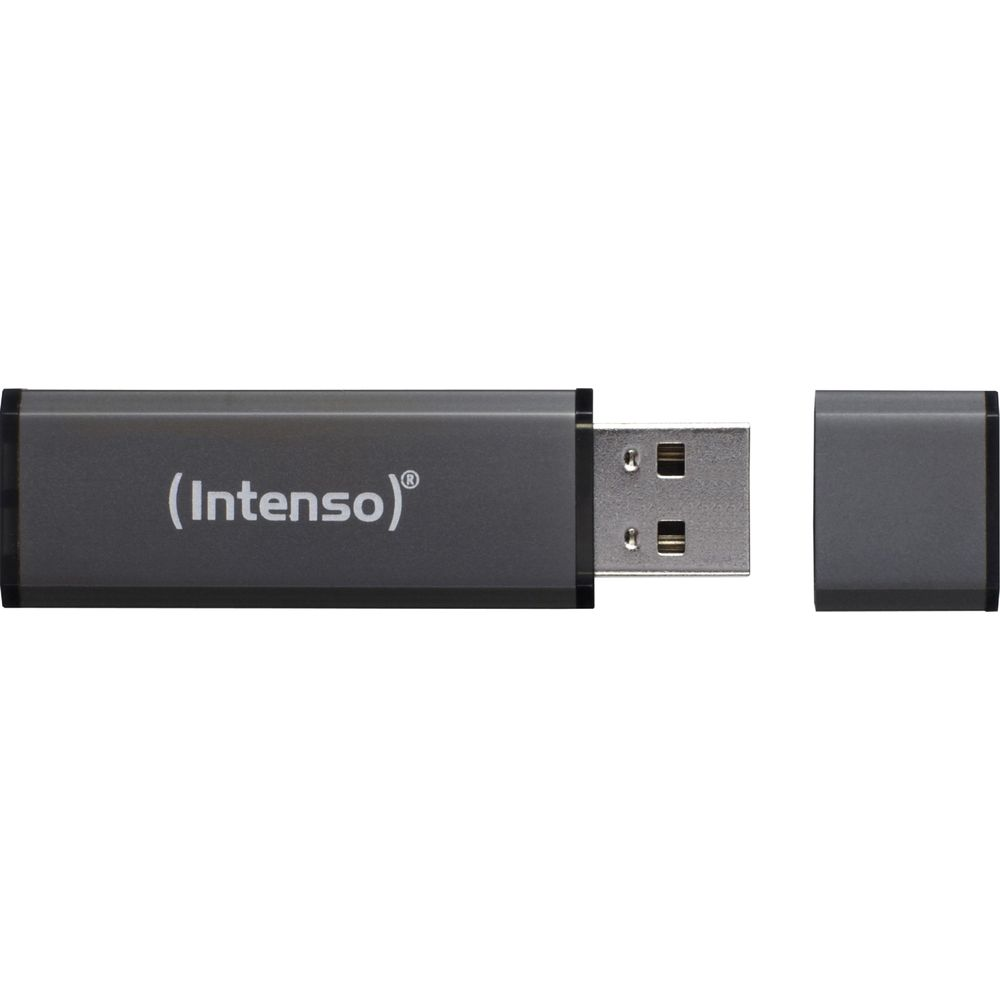A gray USB stick with its cap removed, showing the metal connector.