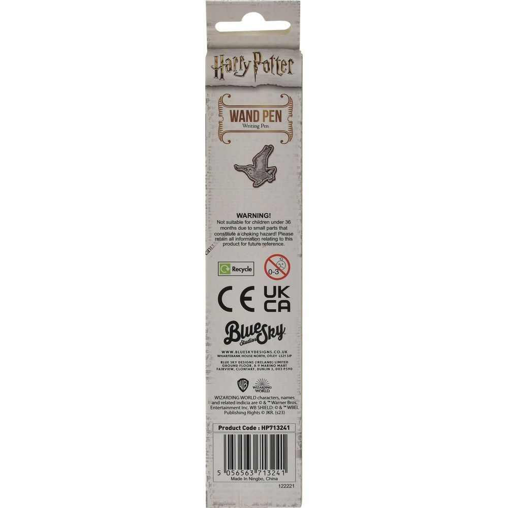 Harry Potter Zauberstifverpackung mit Warnungen und Produktdetails.
