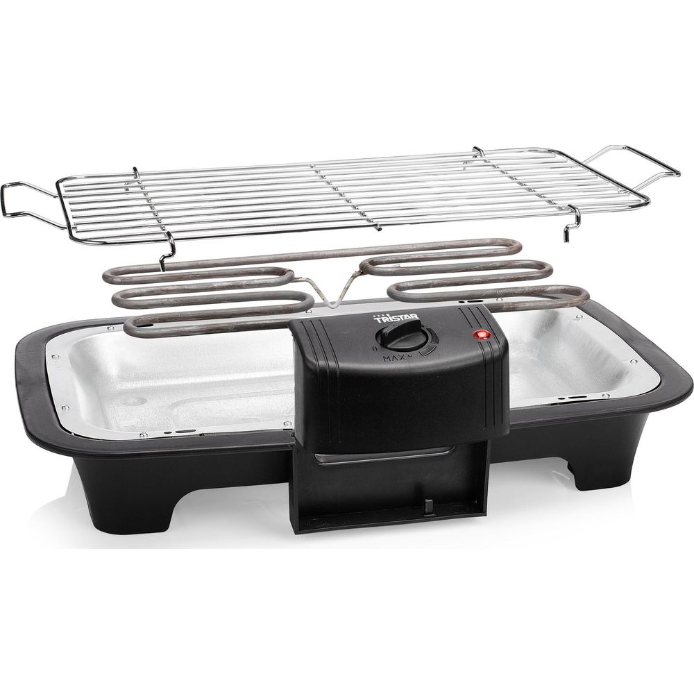 Elektrischer Tischgrill mit Heizspiralen, Grillrost und Temperaturregler.