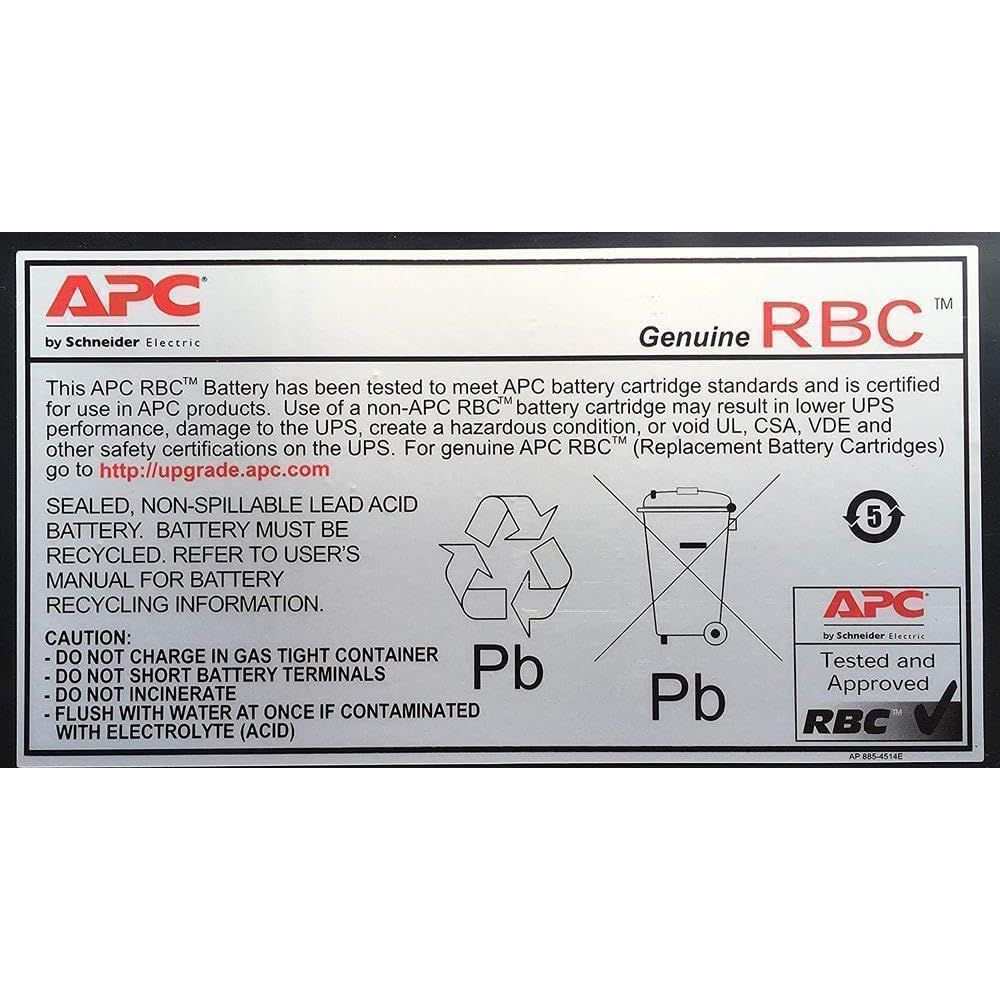 APC RBC Batterieetikett mit Warnhinweisen und Recycling-Symbolen.