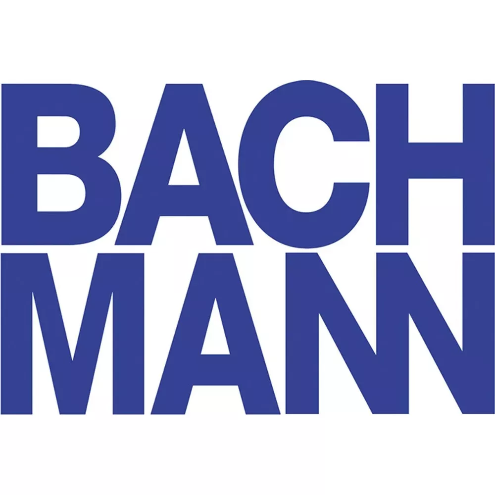Blue text "BACH MANN" on a white background.