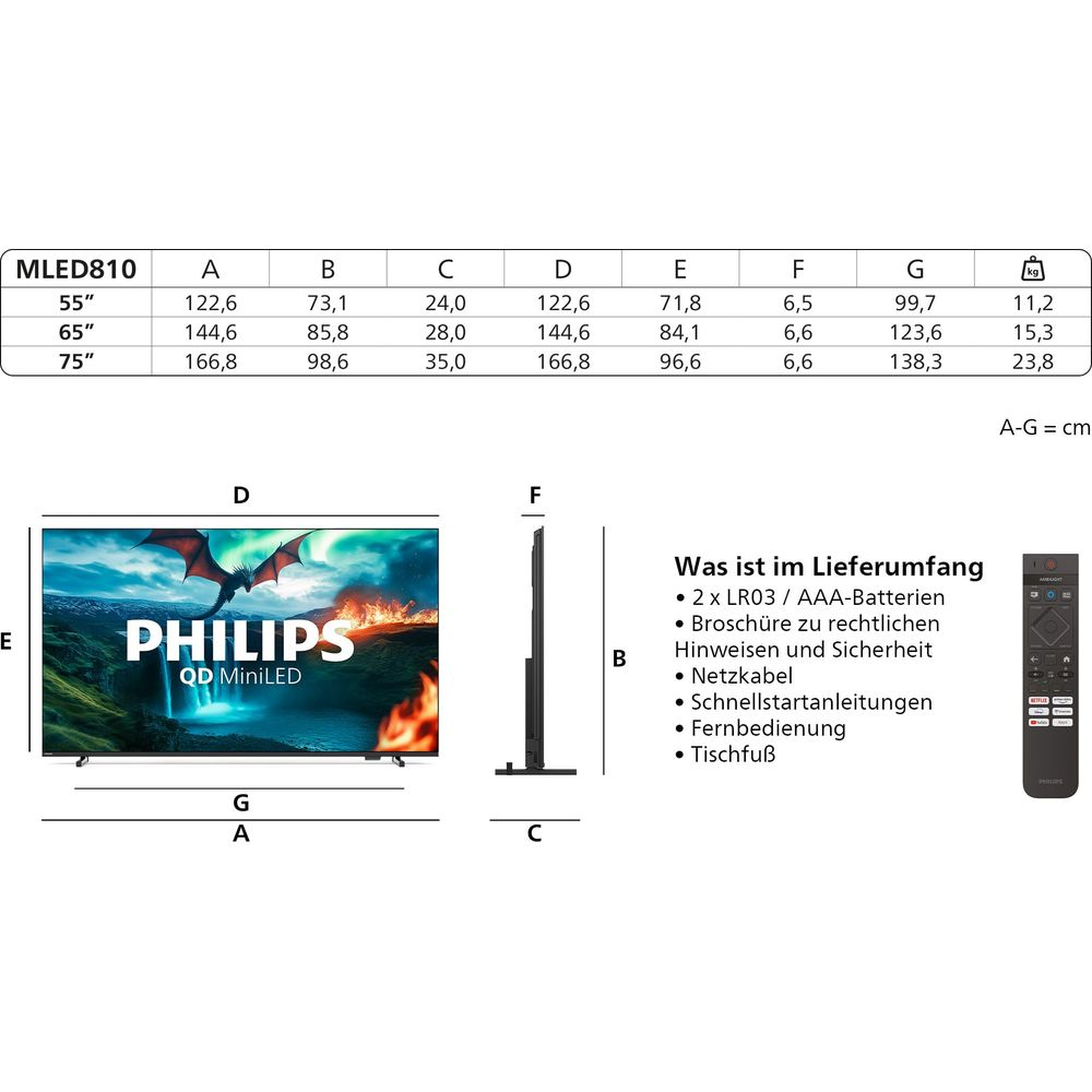Données techniques et dimensions d'un téléviseur Philips avec accessoires.
