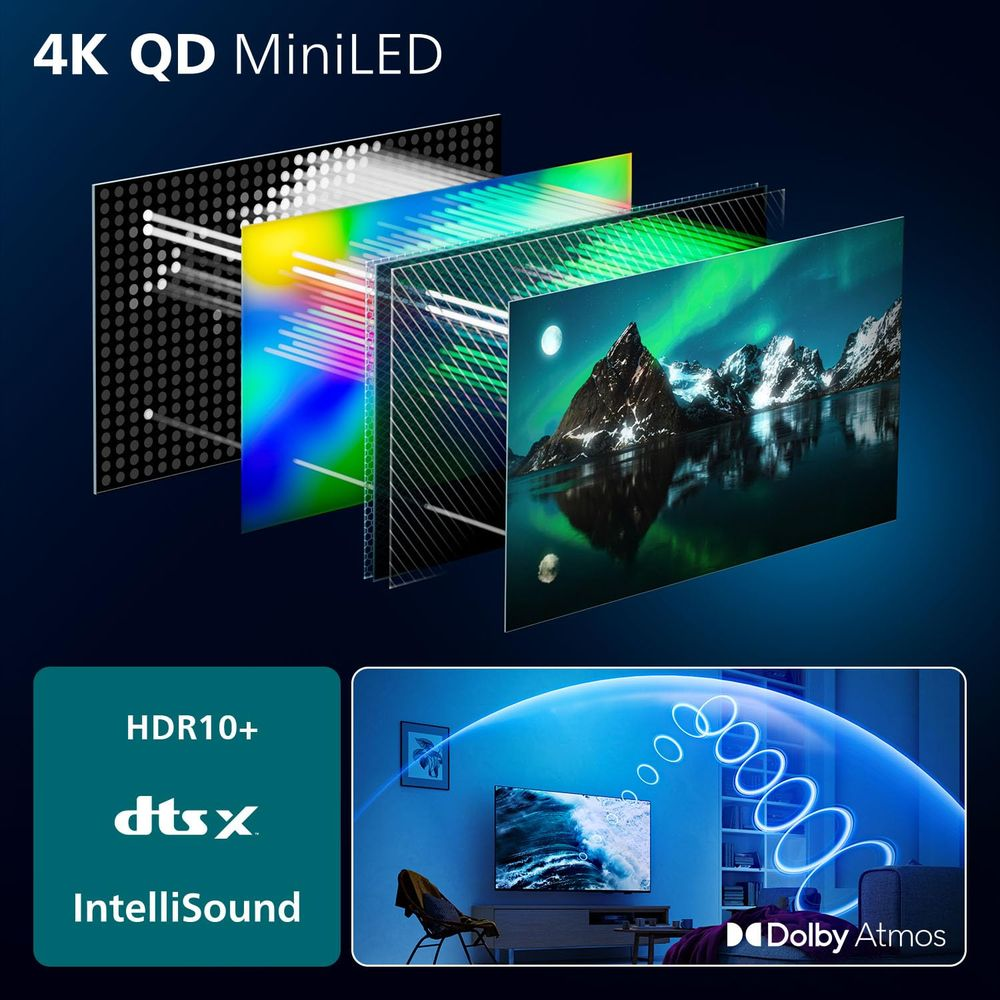 4K QD MiniLED teknolojisini gösteren katman patlaması. Alt kısım: Dolby Atmos'lu TV.