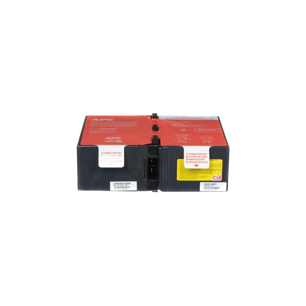 Pacco batteria APC RBC con avvertenze e istruzioni di collegamento.