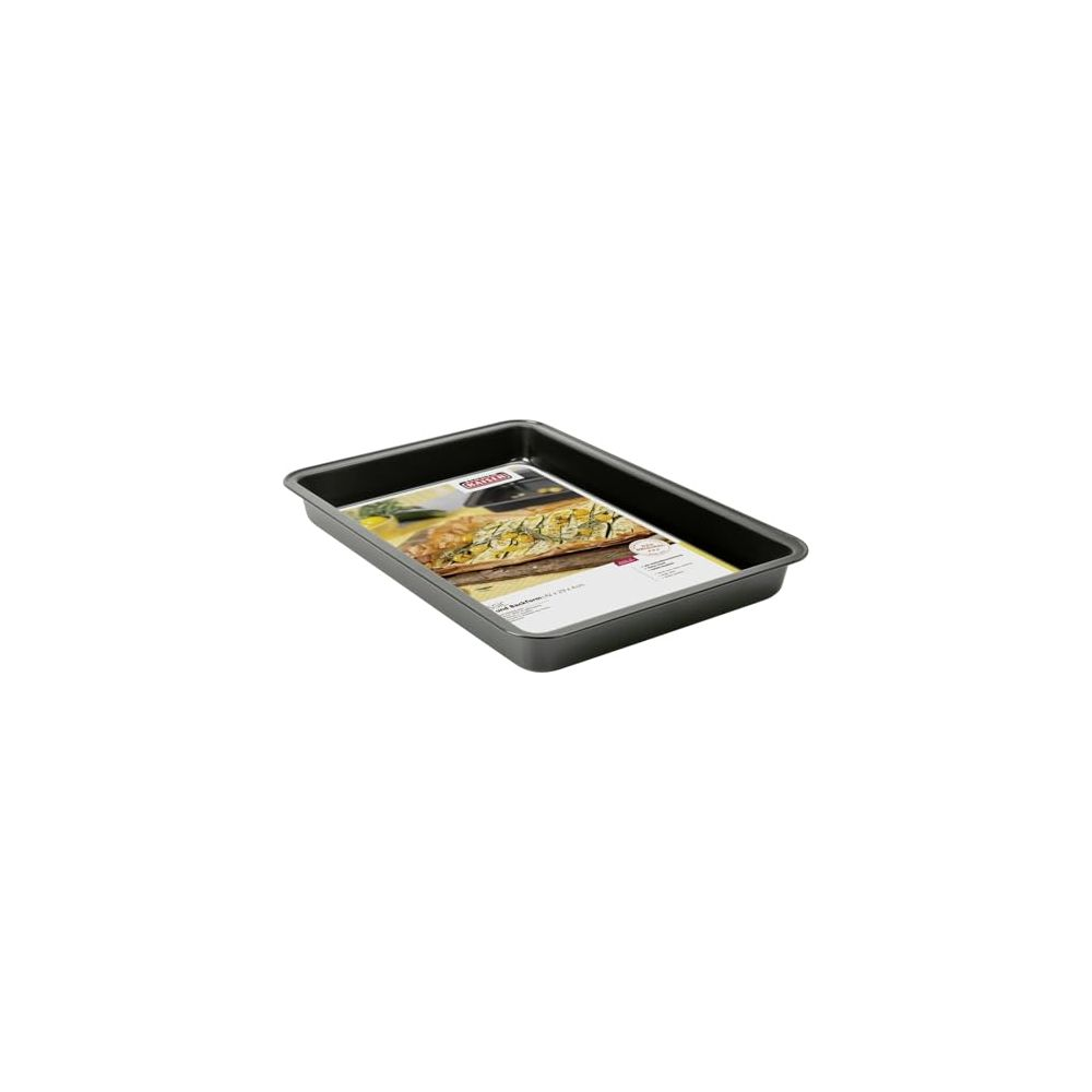 Un moule à pâtisserie foncé avec une image de gâteau à l'intérieur.