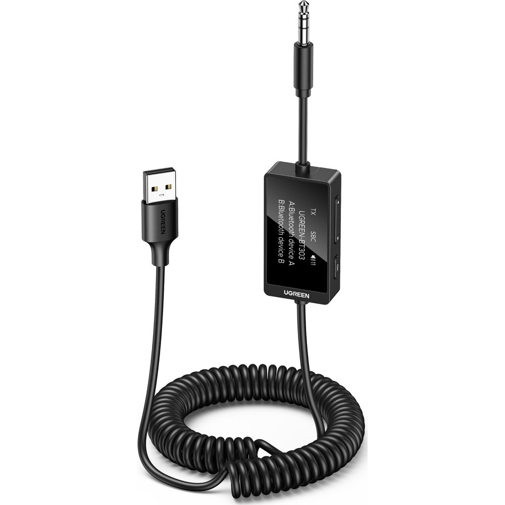 Czarny odbiornik Bluetooth UGREEN z kablem zasilającym USB i wtykiem 3,5 mm.