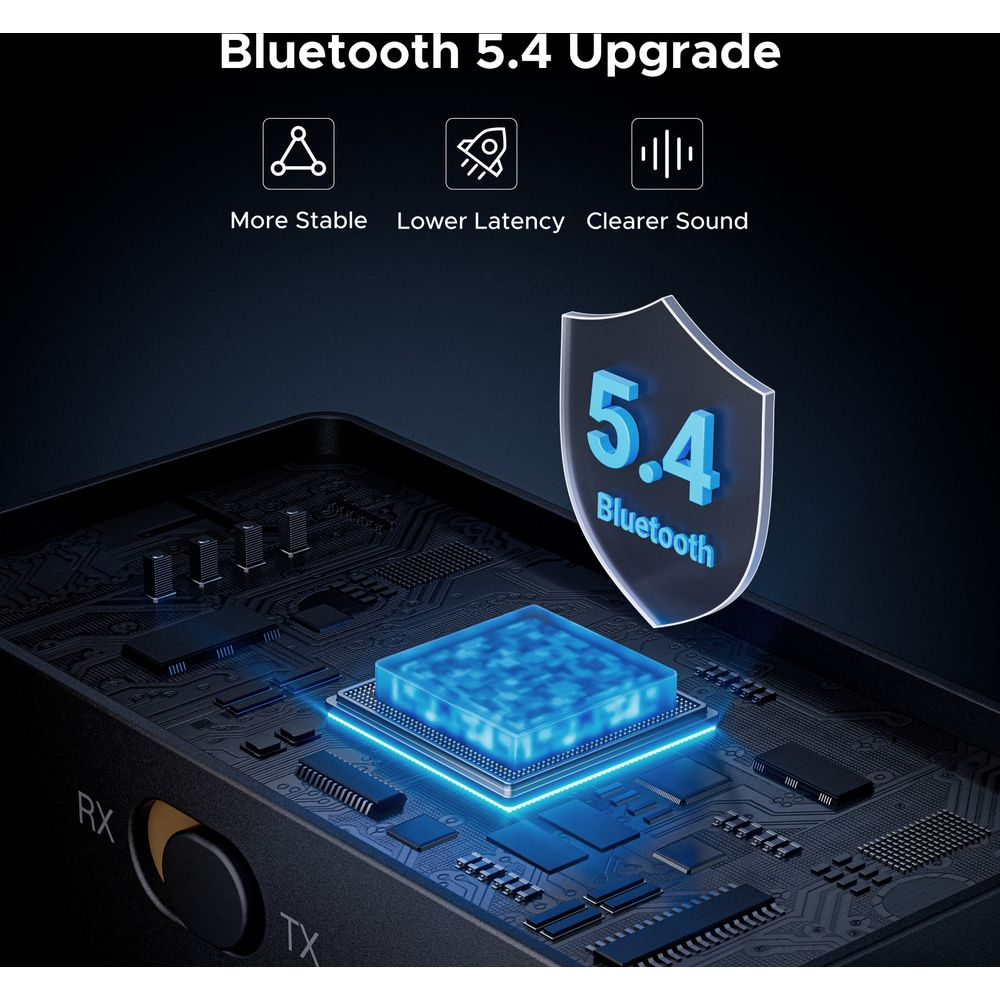 Zbliżenie na płytkę drukowaną z świecącym niebieskim chipem. Wzmianka o aktualizacji Bluetooth 5.4.