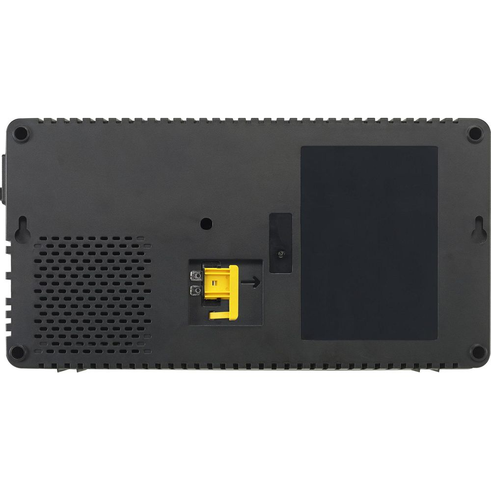 Arrière d'un appareil noir avec évents et connecteur jaune.