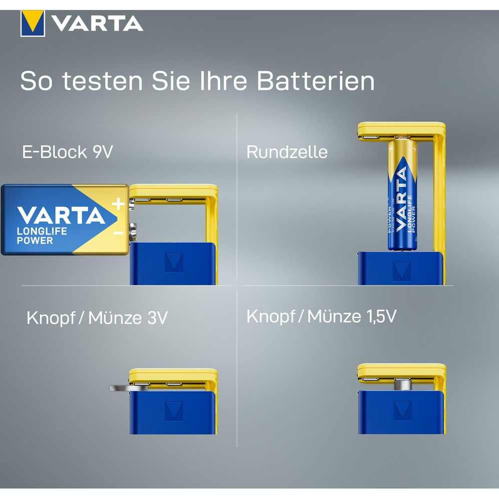 Varta-Batterietester: 9V Block, Rundzelle, 3V Knopfzelle, 1,5V Knopfzelle.