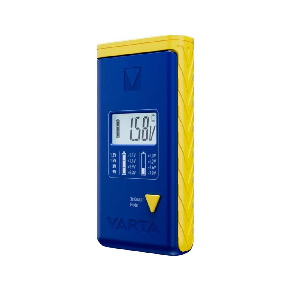 Ein blaues und gelbes Varta-Batterietestgerät mit einem digitalen Display, das 1.58V anzeigt.