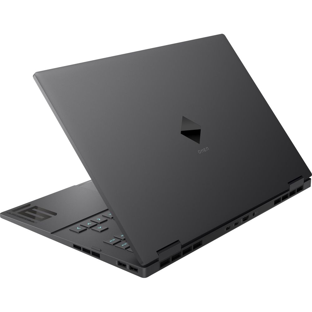 Ein schwarzer Laptop mit offenem Deckel und beleuchteter Tastatur.