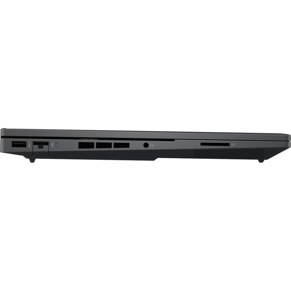 Seite eines dunklen Laptops mit Anschlüssen: USB, Kopfhörer, SD-Kartenleser.