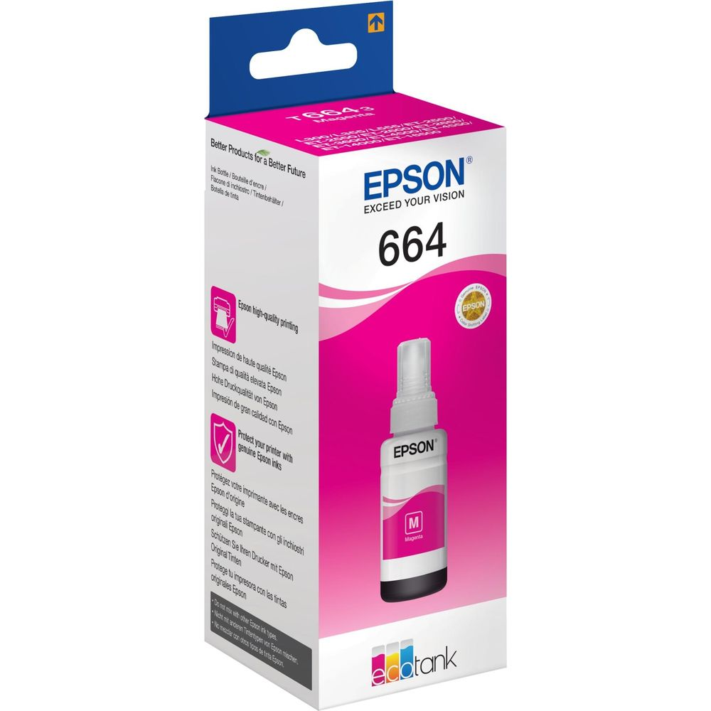 Butelka z tuszem Epson 664 Magenta. Pudełko z logo Epson, butelką i tekstem.