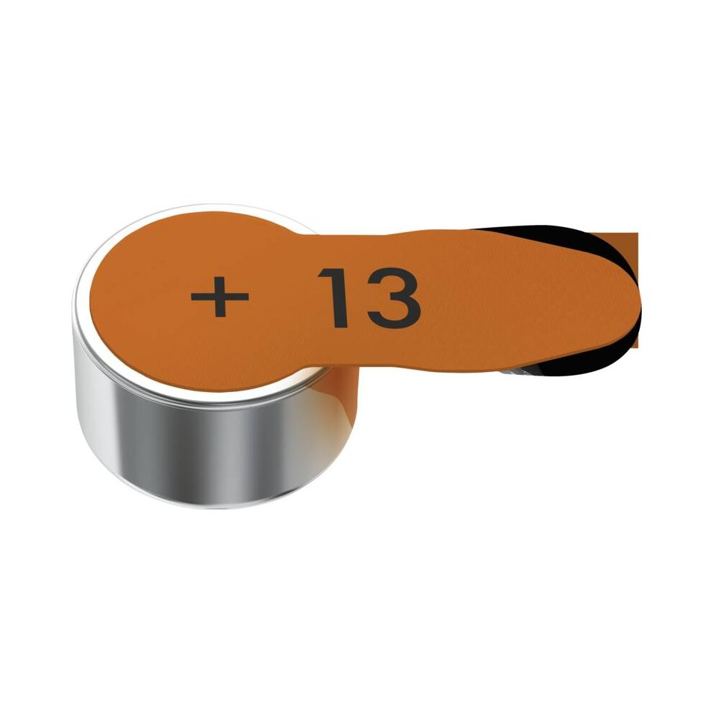 A size 13 button cell battery with an orange top and silver casing.