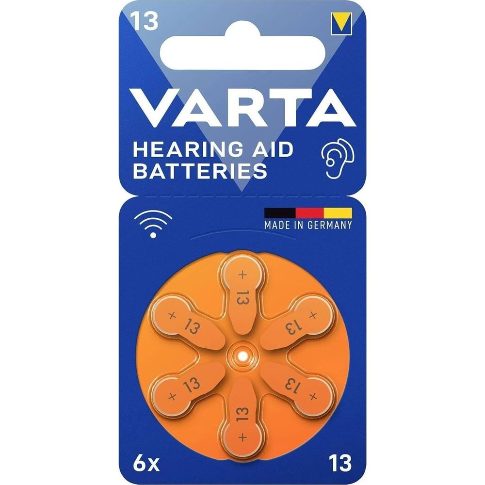 Varta hearing aid battery pack with 6 type 13 batteries, orange.