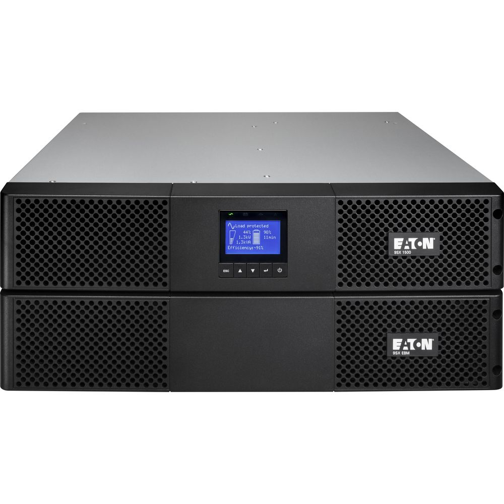 Due unità UPS Eaton nere impilate. L'unità superiore ha un display.