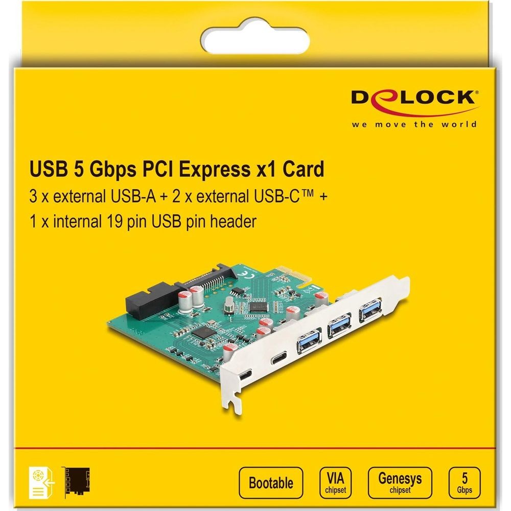 Delock USB 5 Gbps PCI Express Karte mit 3 USB-A und 2 USB-C Anschlüssen.