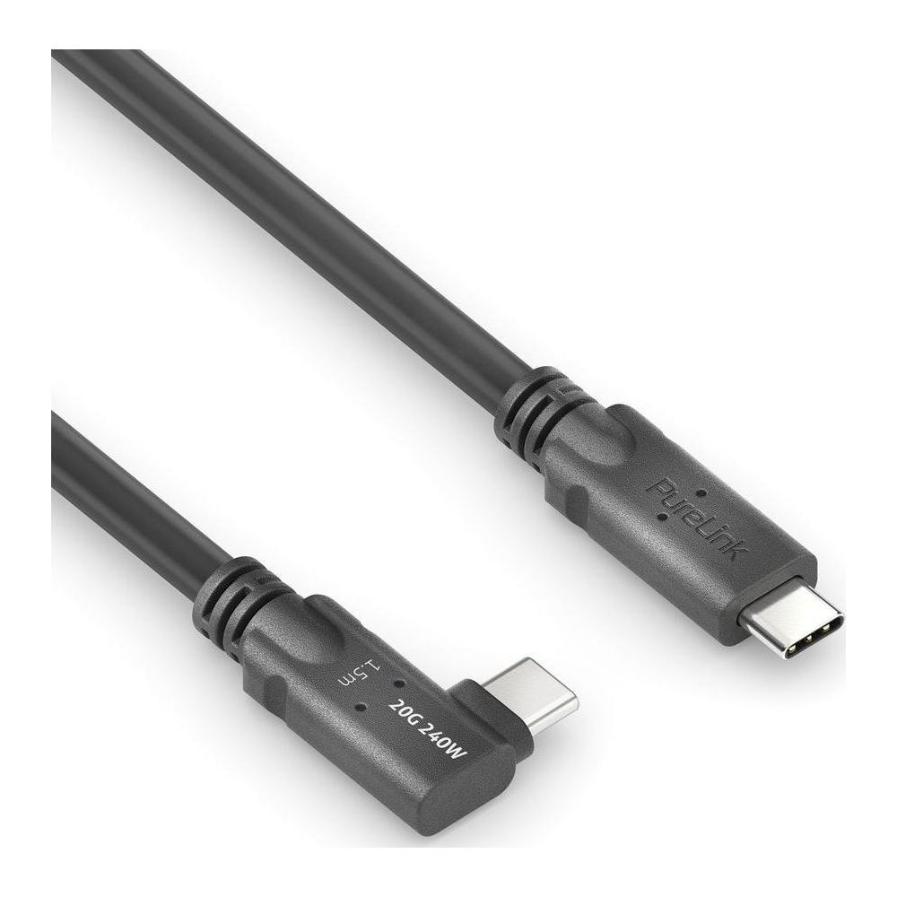Ein schwarzes USB-C-Kabel mit abgewinkelten Anschlüssen auf beiden Seiten.