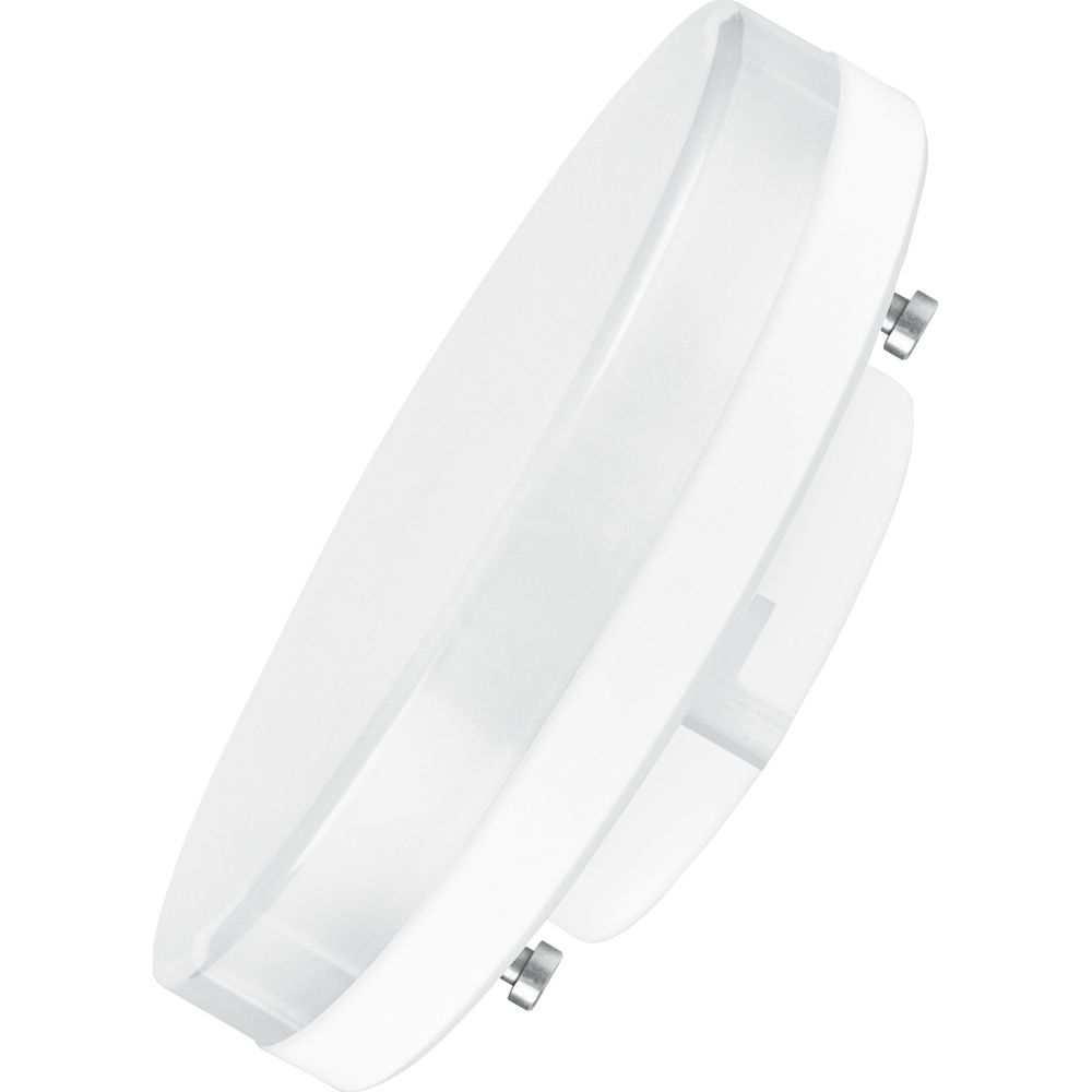 Biała, okrągła oprawa oświetleniowa z srebrnymi mocowaniami, z przezroczystego plastiku.