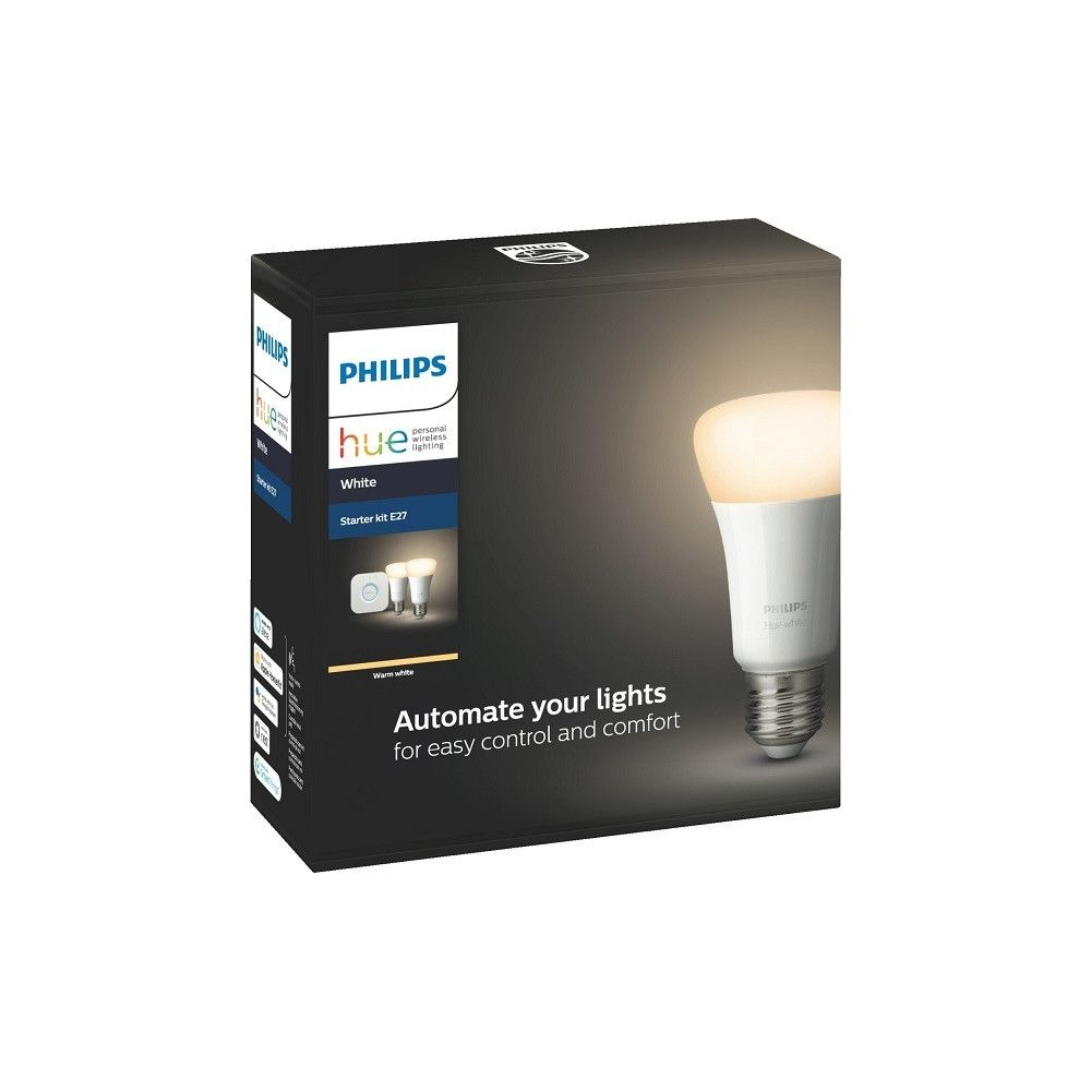 Opakowanie zestawu startowego żarówki Philips Hue White E27 z zapaloną żarówką.