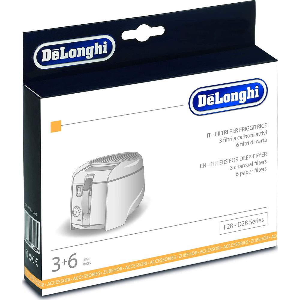 Verpackung für DeLonghi Fritteusenfilter, enthält 3 Aktivkohle- und 6 Papierfilter.