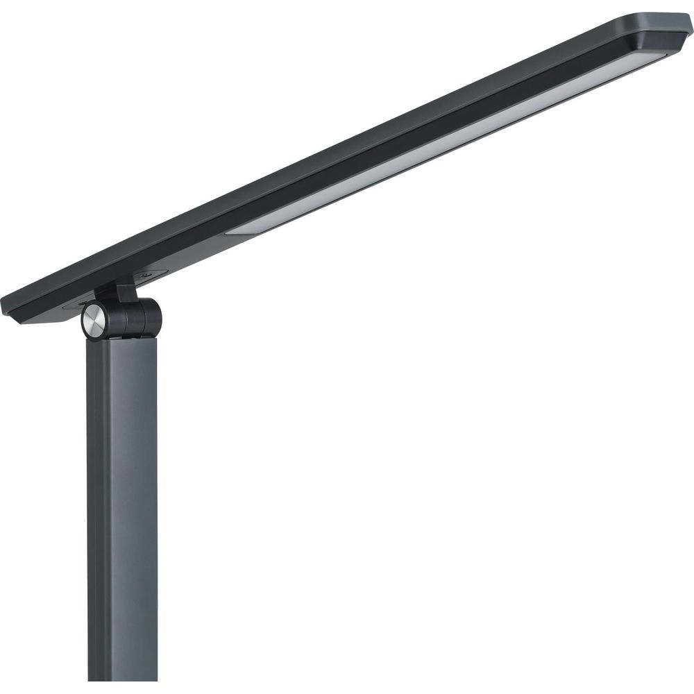 Eine moderne schwarze LED-Schreibtischlampe mit schwenkbarem Arm.