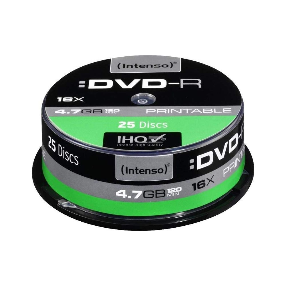 Eine Rolle mit 25 bedruckbaren DVD-R Discs von Intenso mit 4,7 GB Speicherkapazität.