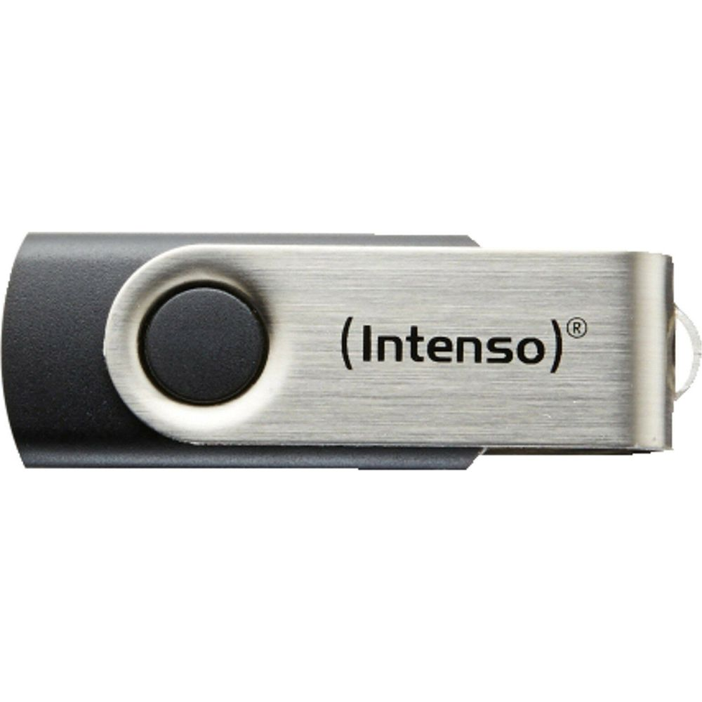 Czarny i srebrny pendrive z logo (Intenso).