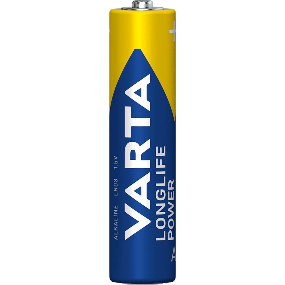 Een Varta LR03 AAA batterij met een geel en blauw ontwerp en "Longlife Power" tekst.