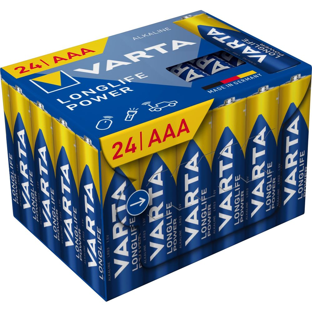 Verpakking met 24 Varta AAA alkaline batterijen in blauw en geel.