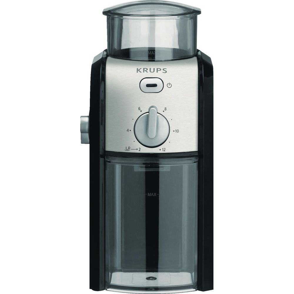 Młynek do kawy Krups z czarną obudową, srebrnym frontem i pokrętłem grubości mielenia.