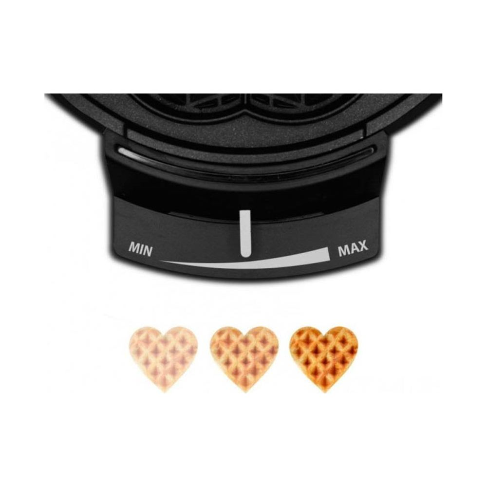 Ein schwarzer Waffeleisen-Regler mit Min/Max-Anzeige und drei Herz-Waffeln.