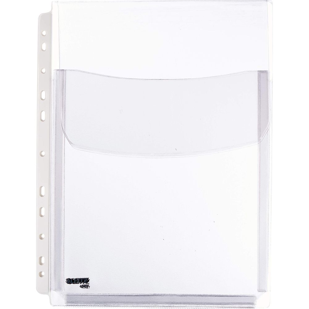 Przezroczysta ochrona strony z kieszenią i dziurkowaną krawędzią.