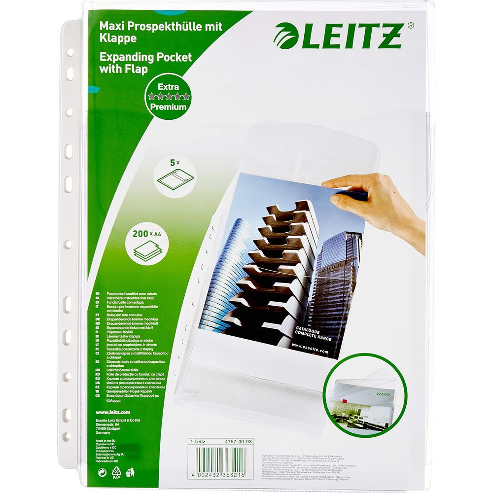 Koszulka Leitz z klapką, ręka wkładająca dokumenty.