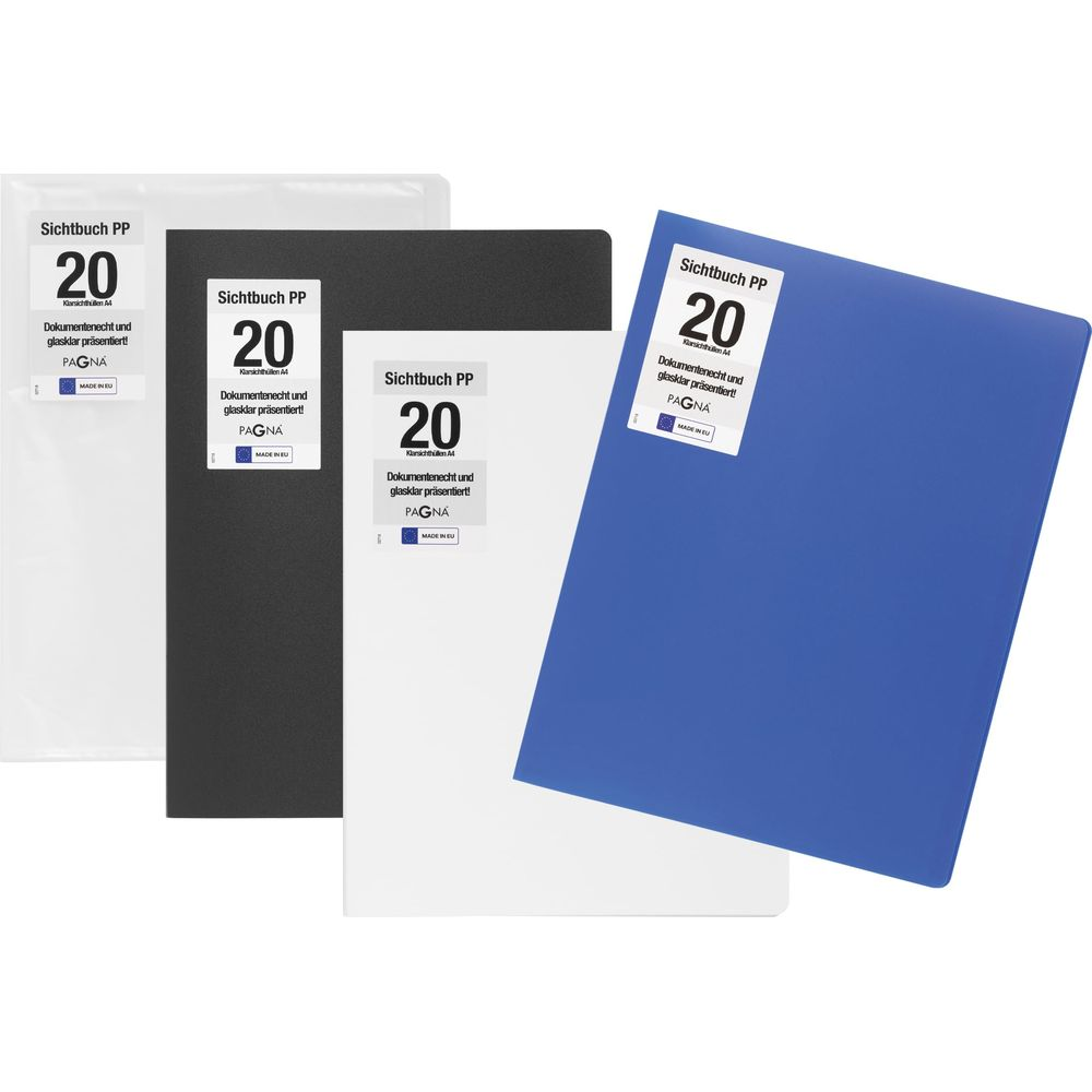 Trzy segregatorów w kolorze białym, czarnym i niebieskim leżą obok siebie.