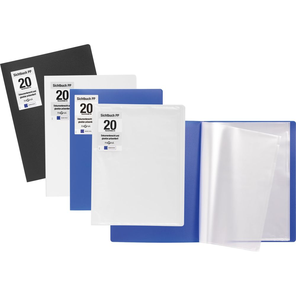 Kilka segregatorów przezroczystych czarnych, białych i niebieskich, jeden otwarty z koszulkami.