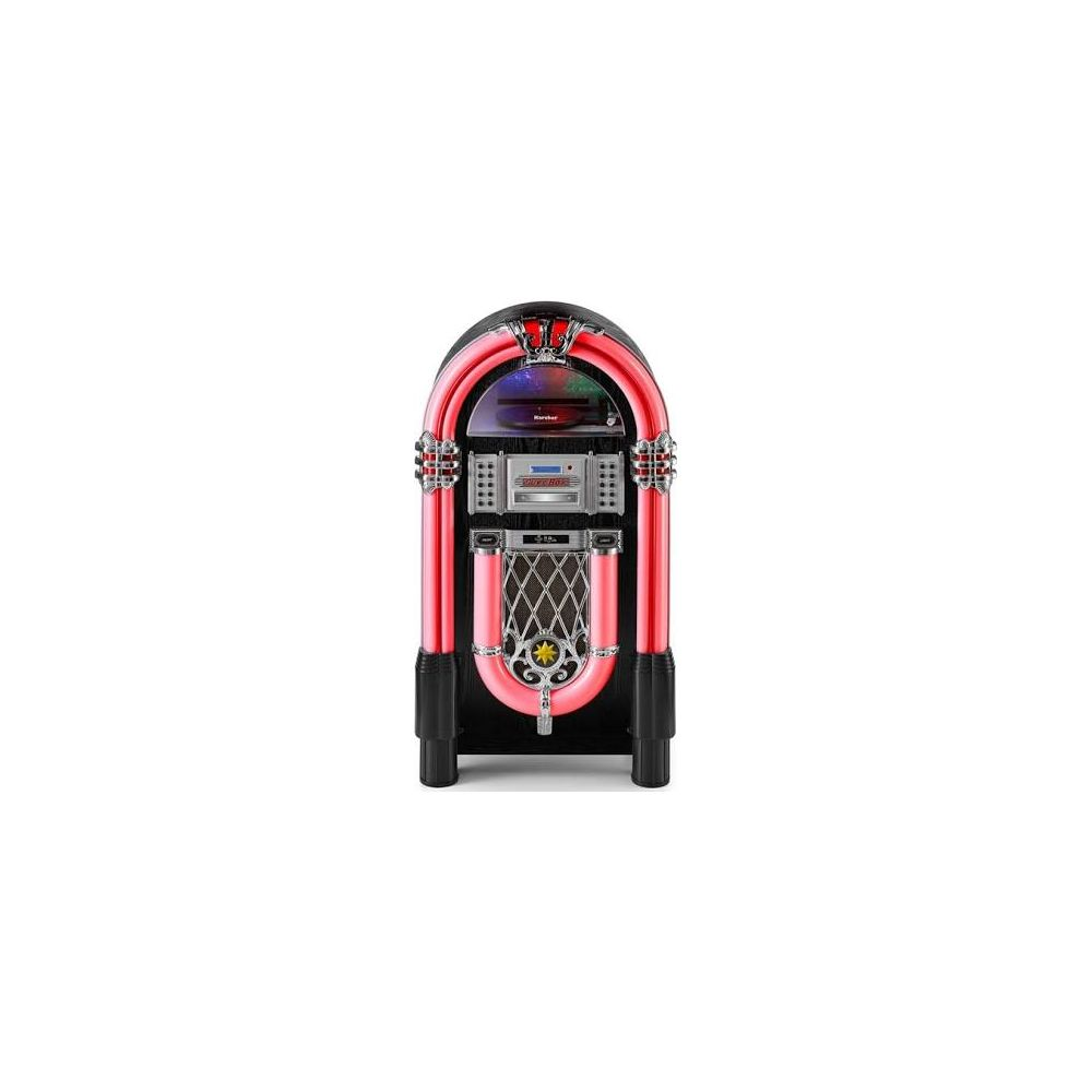 Ein retro-Jukebox mit roten Lichtern und chromfarbenen Details steht auf schwarzem Sockel.