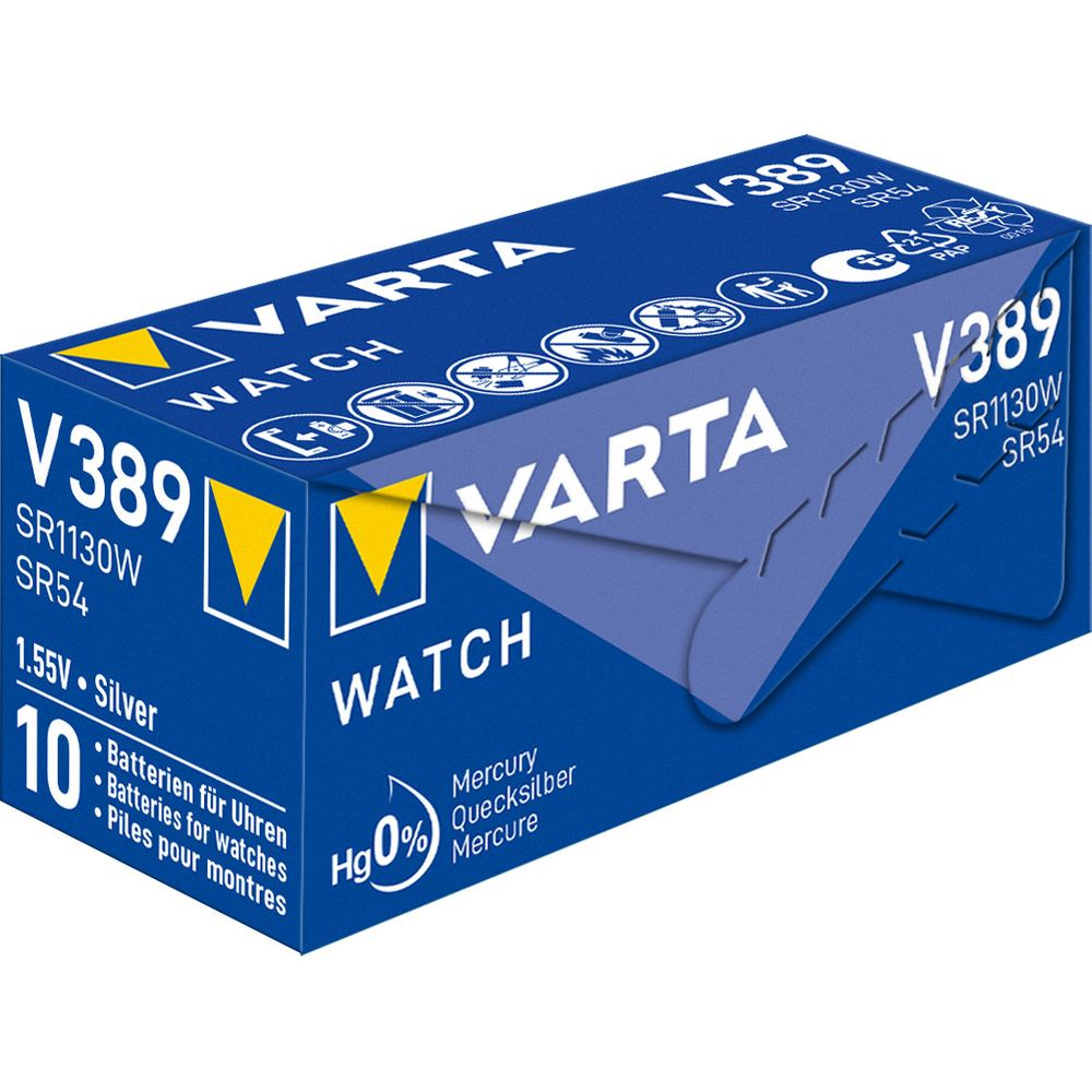 Opakowanie baterii Varta V389 do zegarków, 10 szt., Hg 0%.