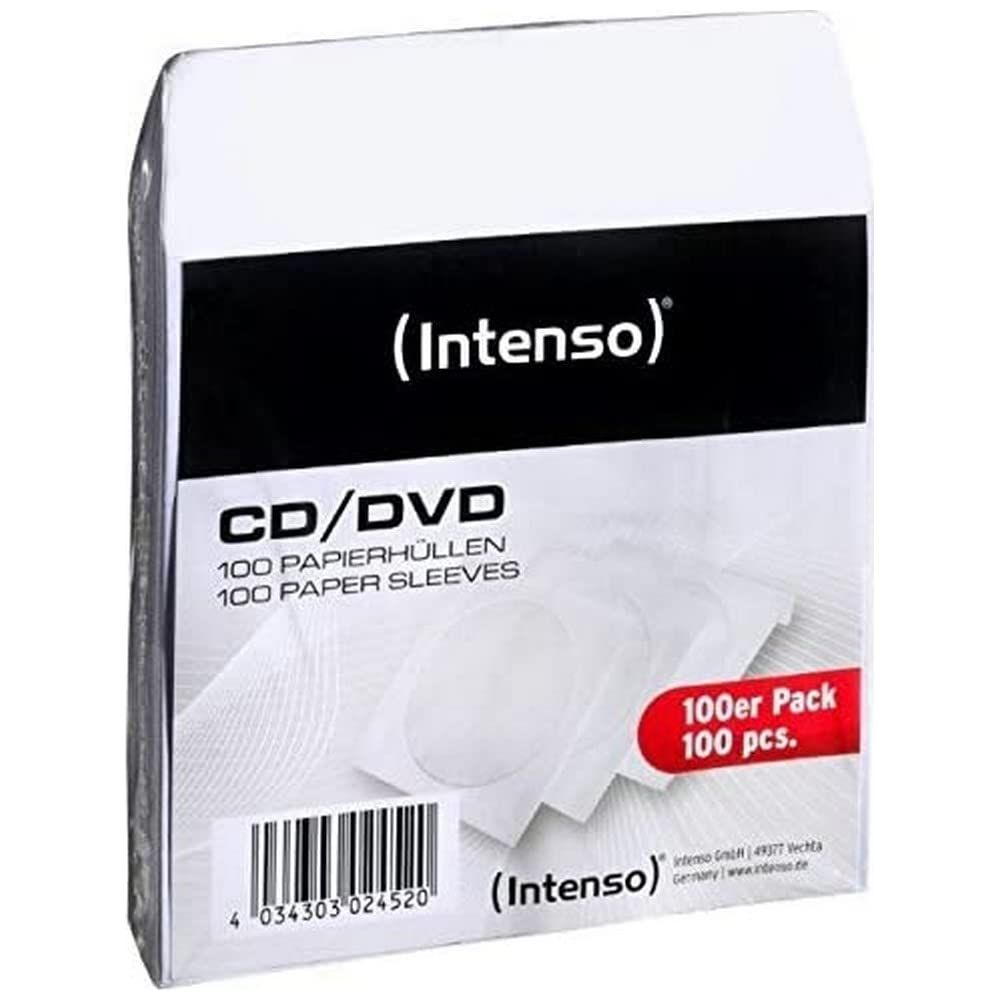 Verpackung mit 100 CD/DVD Papierhüllen von Intenso.