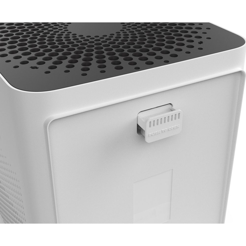 Białe urządzenie z kratką na górze i przyciskiem do otwierania.